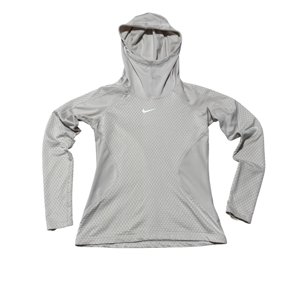 Nike Pro Hyperwarm Women's Small Cowl Neck Hoodie Beige Fitted Quilted Pattern